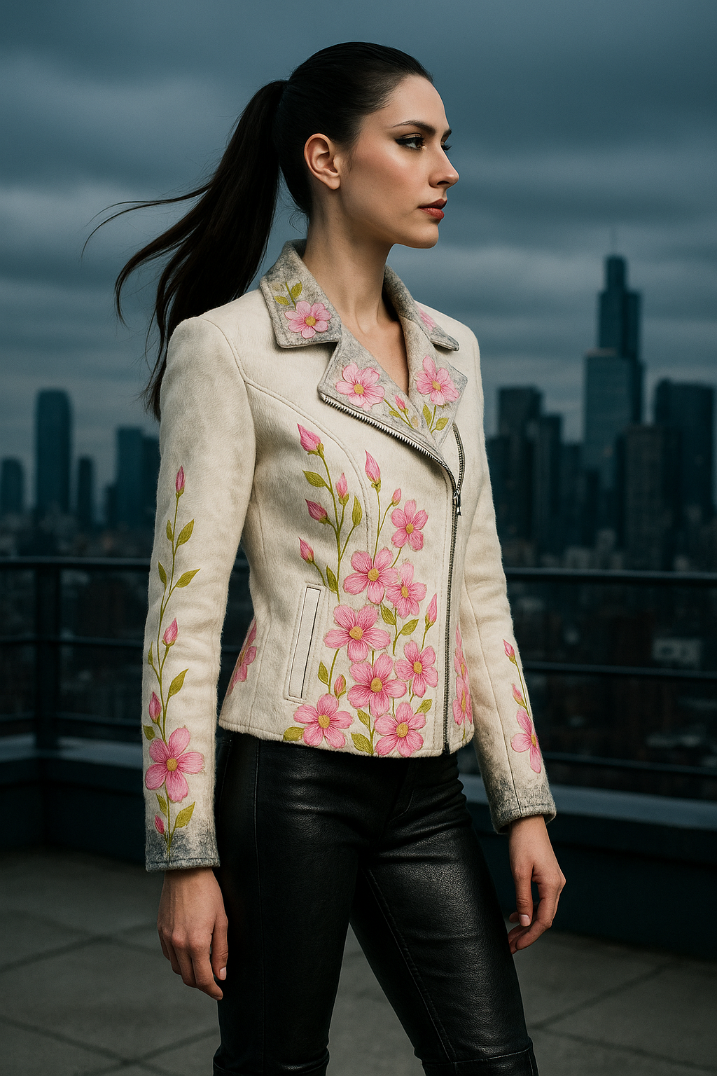 Floral Cowhide Leather Jacket