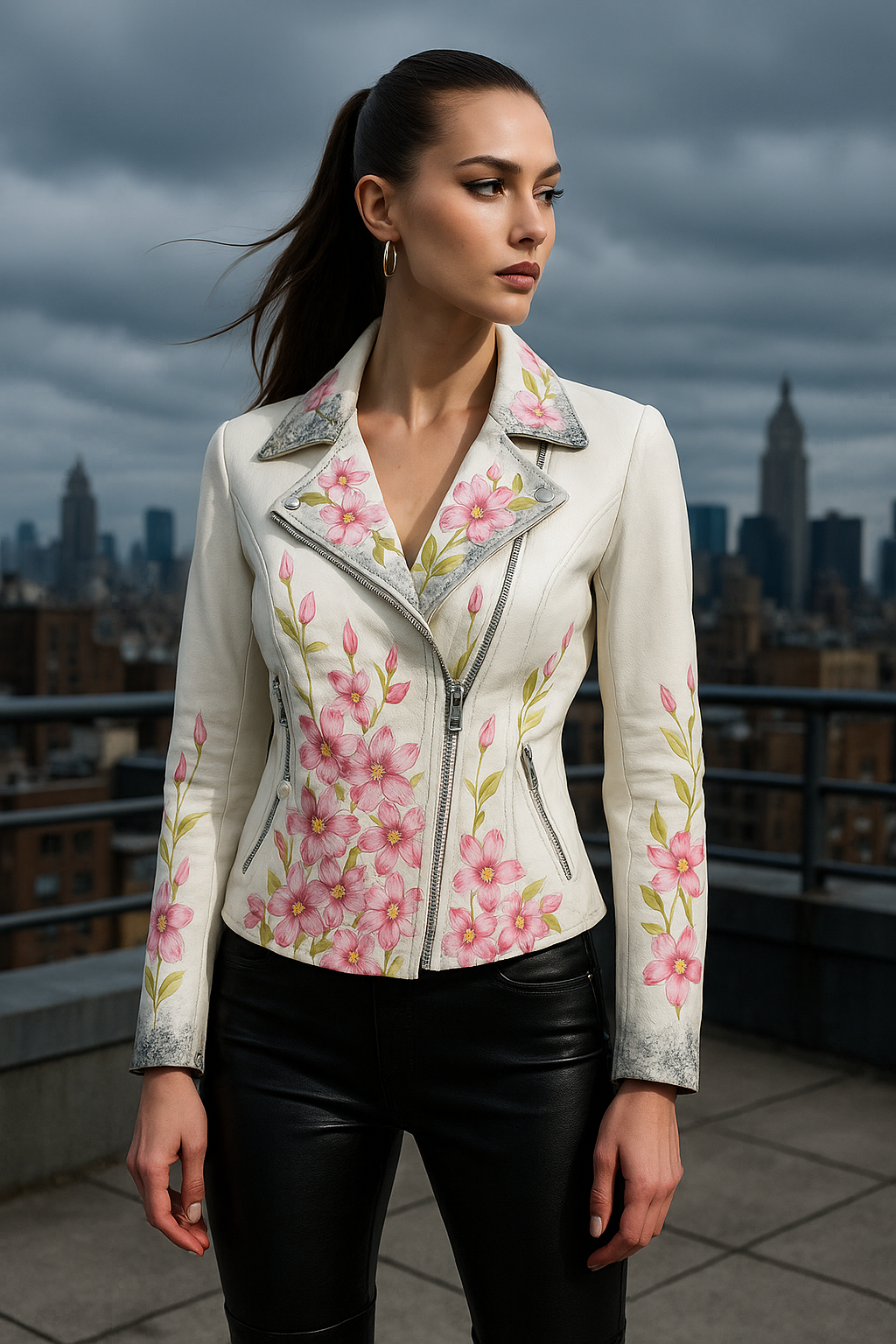 Floral Cowhide Leather Jacket