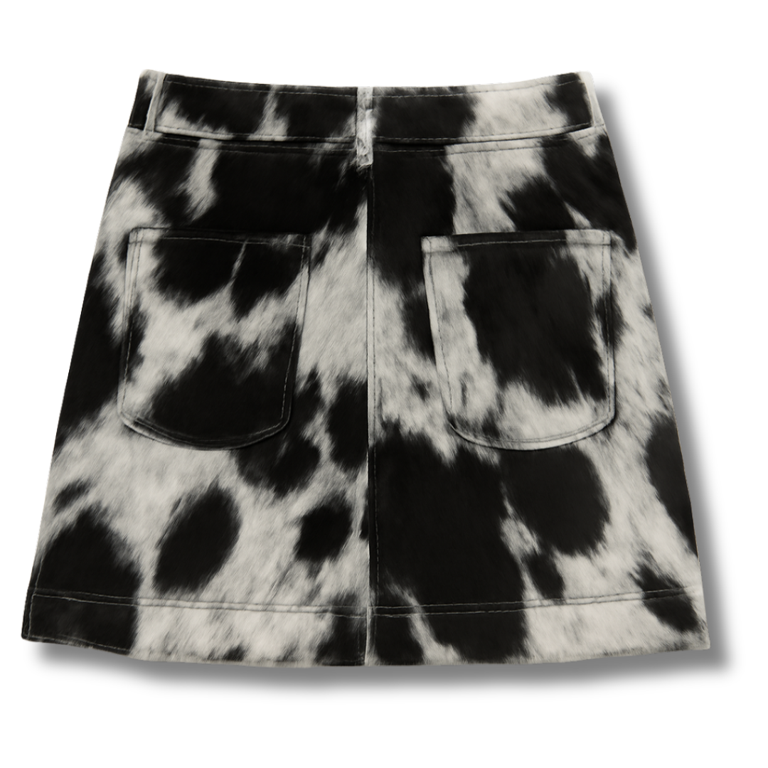 black and white-patchy-cowhide skirt