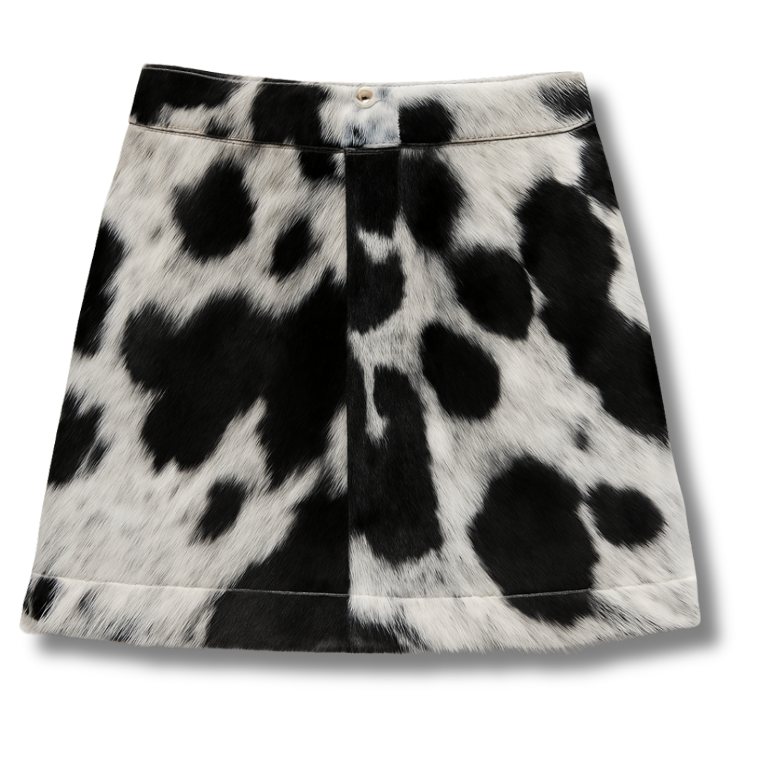 black and white-patchy-cowhide skirt