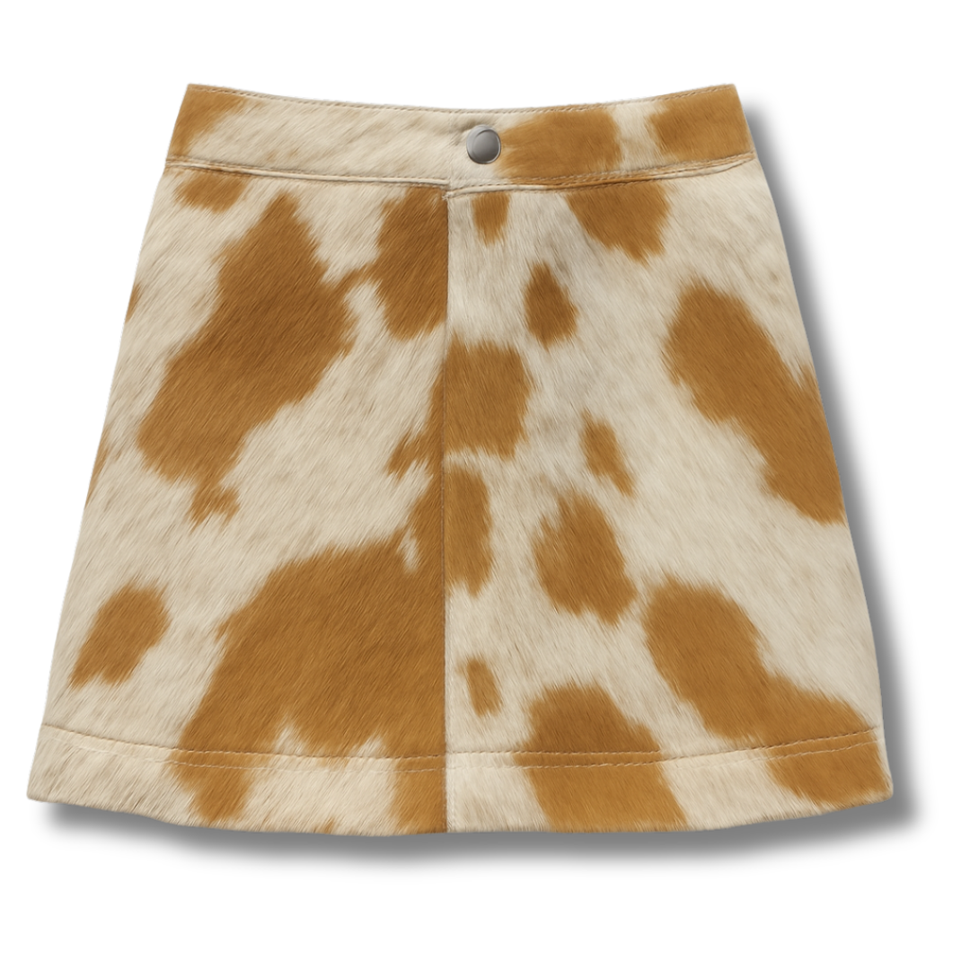 Tan and white-patchy-cowhide skirt