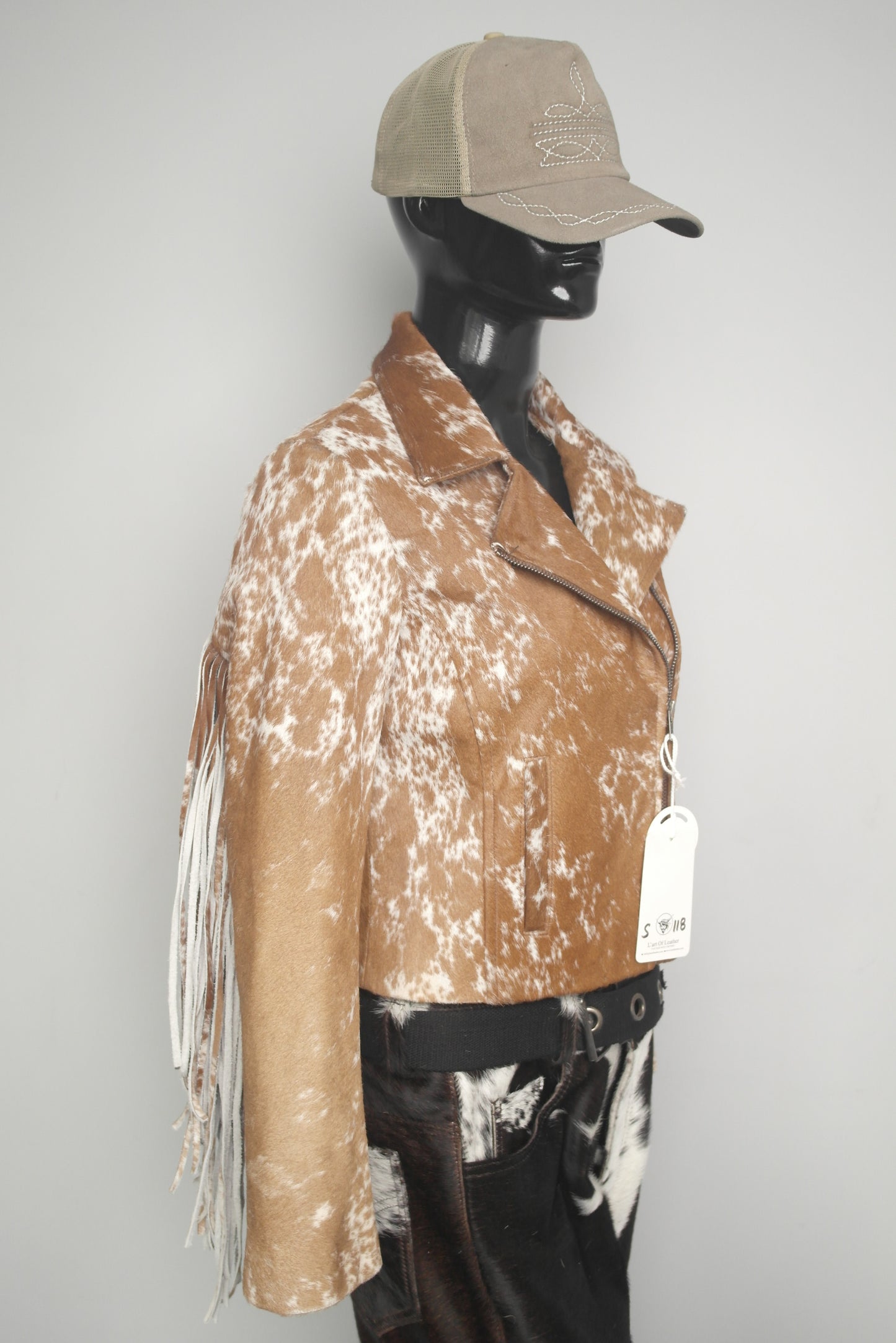 Handcrafted Cowgirl Fringe Style Leather Jacket - Unique Women's Outerwear Cowhide Hair-on-Hide Fringed Jacket for Women