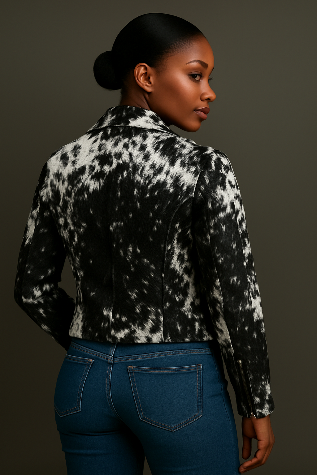 Slim-fit women cowhide biker jacket