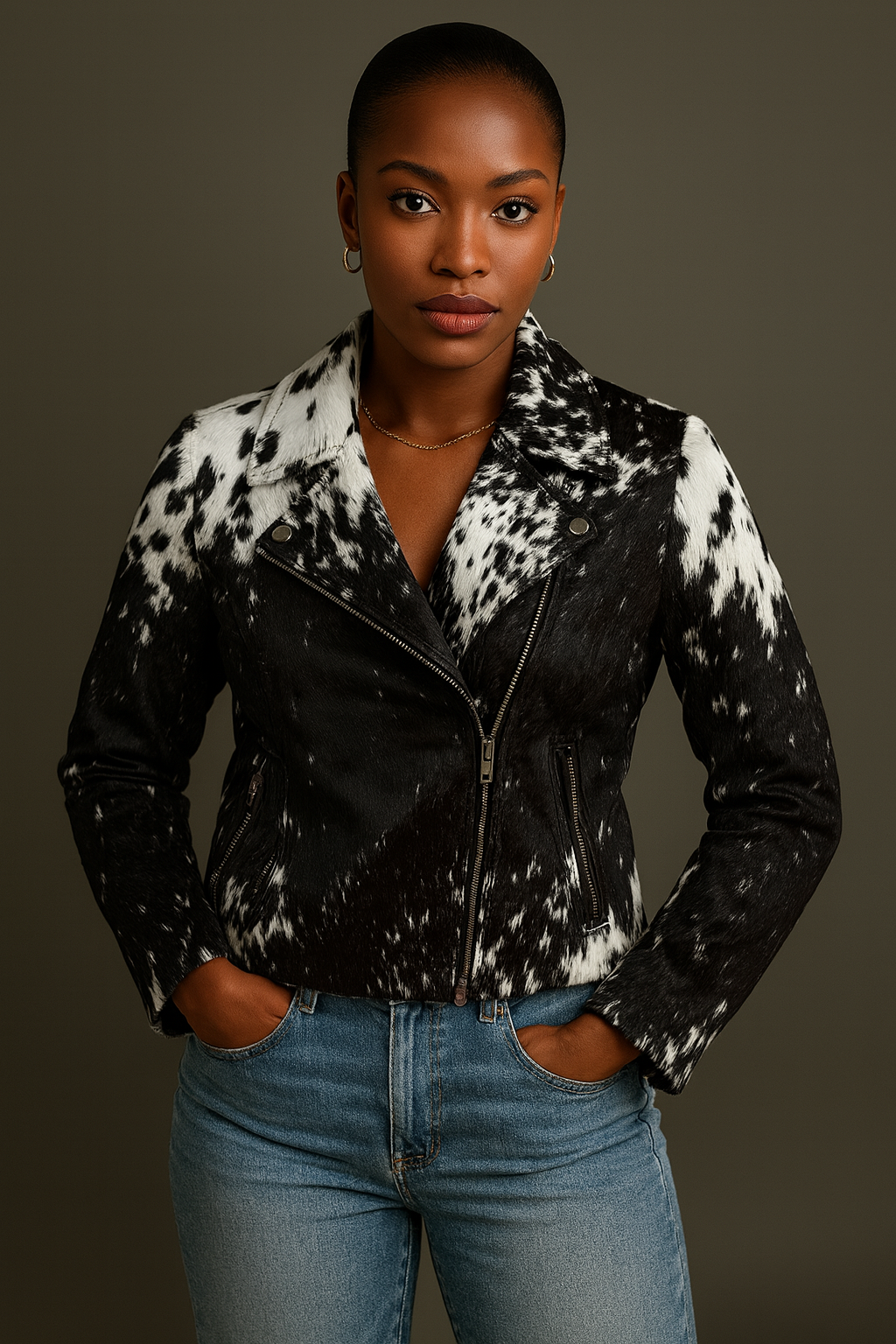 Slim-fit women cowhide biker jacket