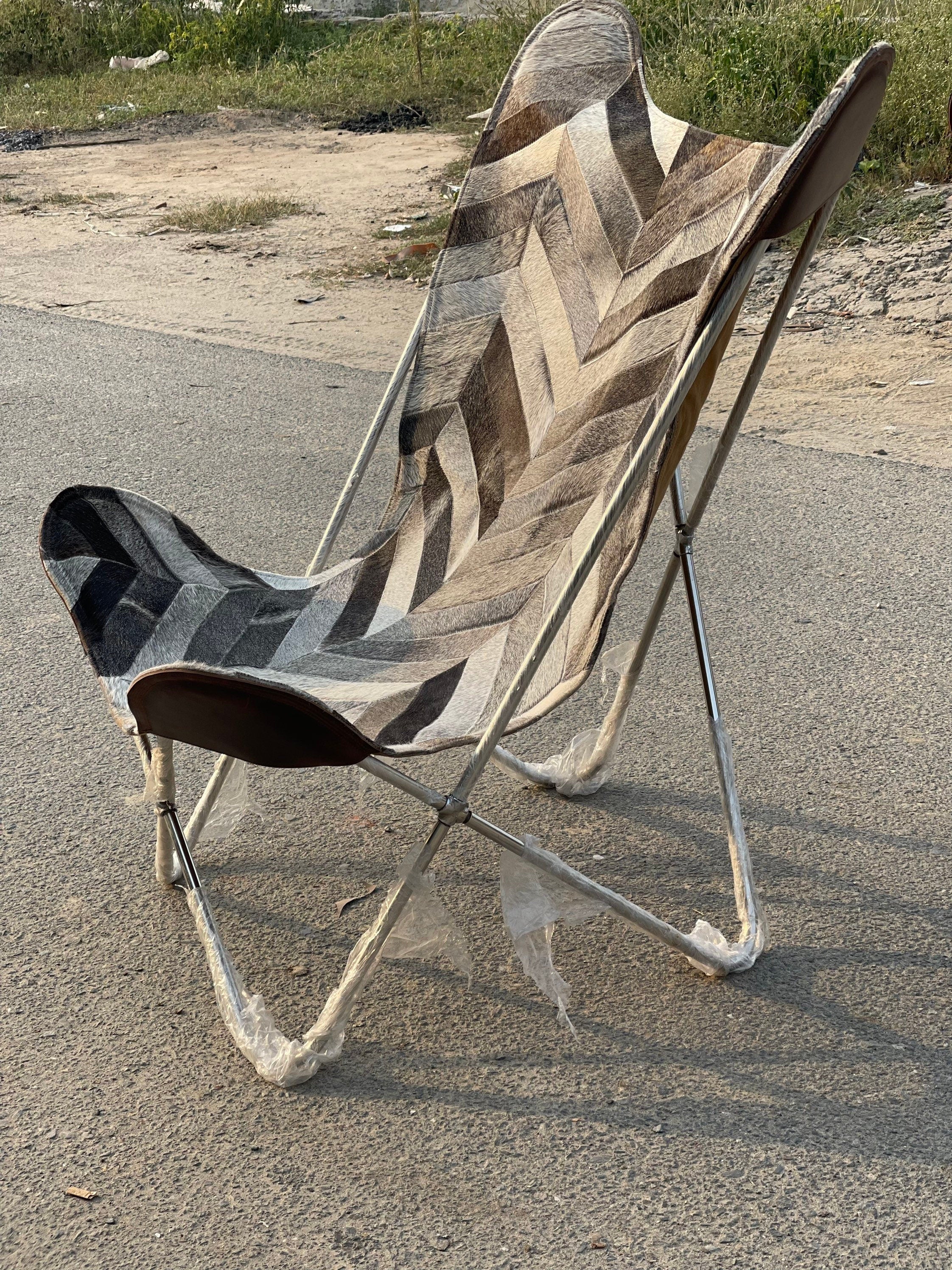 Geometric Cowhide Butterfly Chair – Weather Resistent
