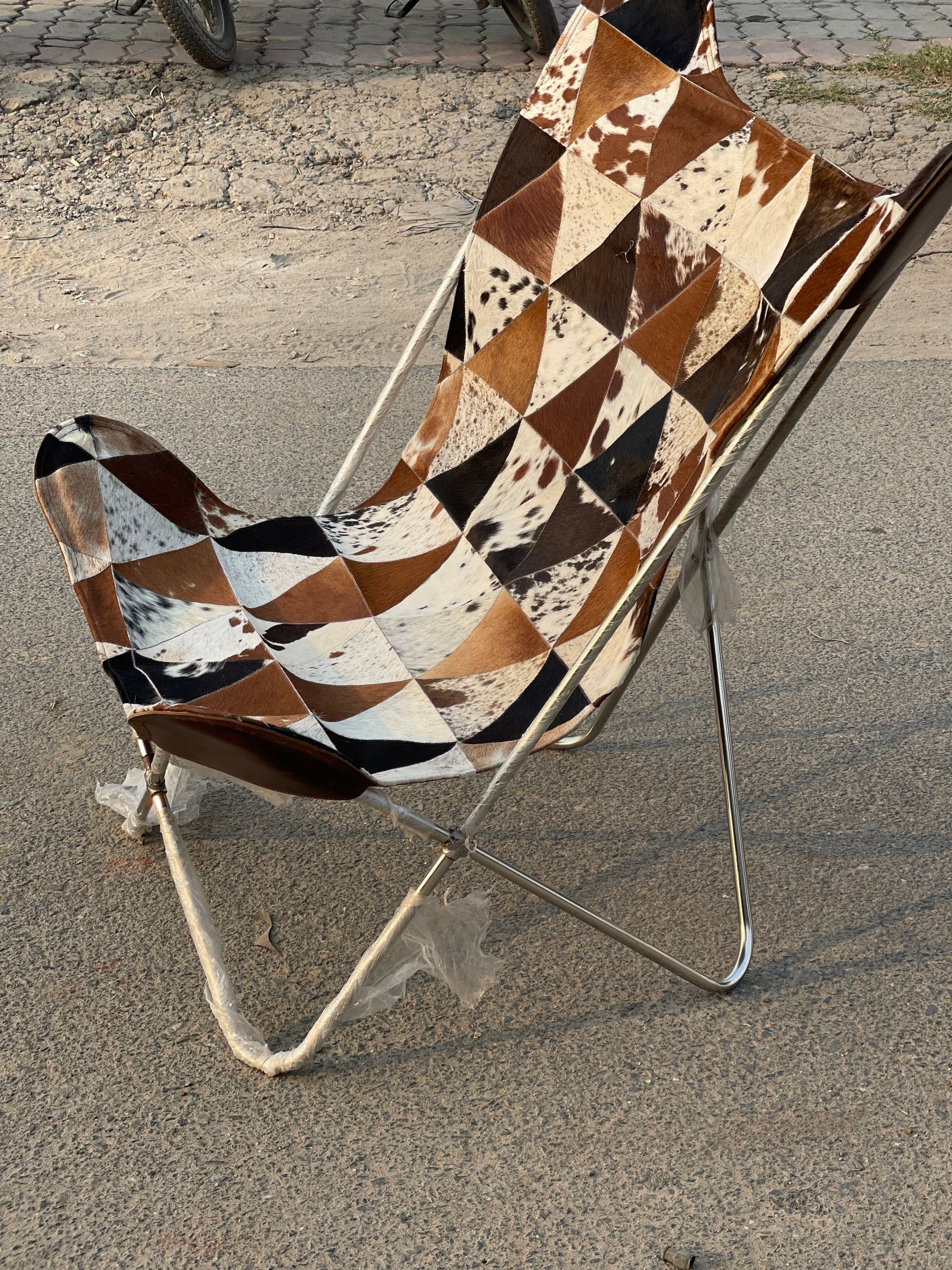 Handcrafted Cowhide Butterfly Chair – Geometric Design