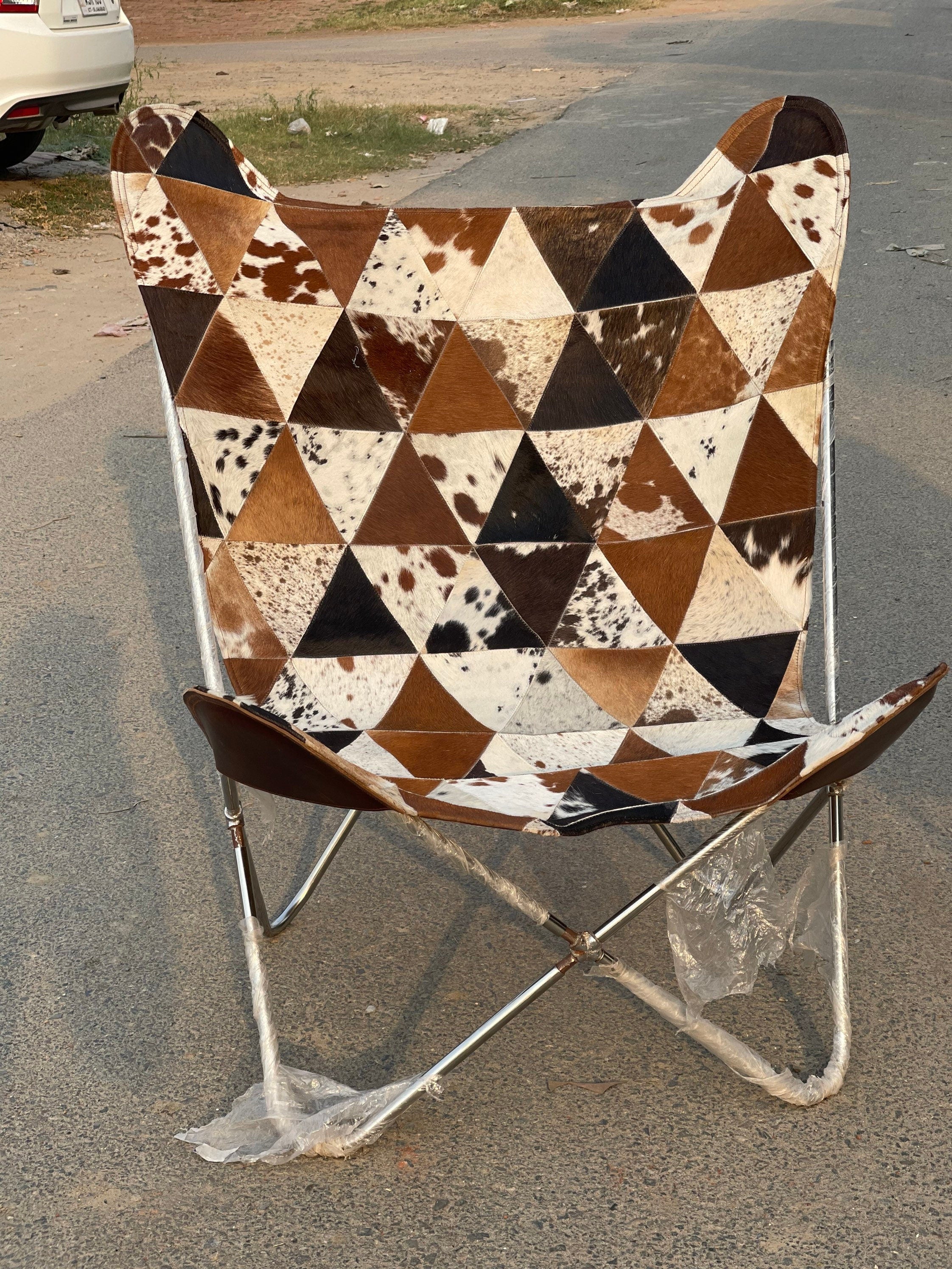 Handcrafted Cowhide Butterfly Chair – Geometric Design
