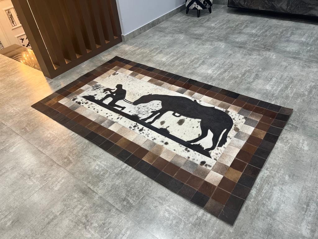 COWHIDE Cowboy and Horse designer cowhide patch rug beautiful Rug of Leather ( 7x4.33=30.30 Sq Feet (84x52 Inches)(212x133 CM)