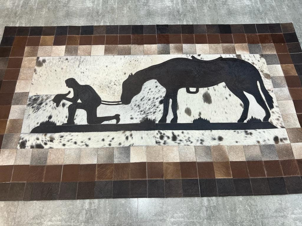 COWHIDE Cowboy and Horse designer cowhide patch rug beautiful Rug of Leather ( 7x4.33=30.30 Sq Feet (84x52 Inches)(212x133 CM)