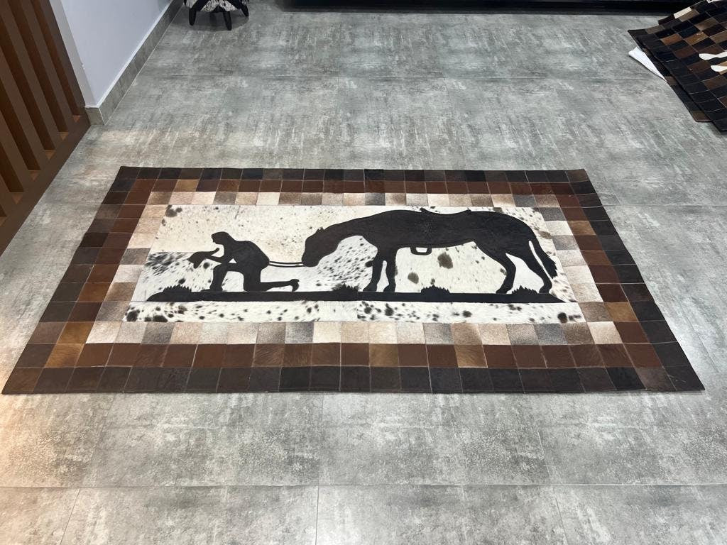 COWHIDE Cowboy and Horse designer cowhide patch rug beautiful Rug of Leather ( 7x4.33=30.30 Sq Feet (84x52 Inches)(212x133 CM)