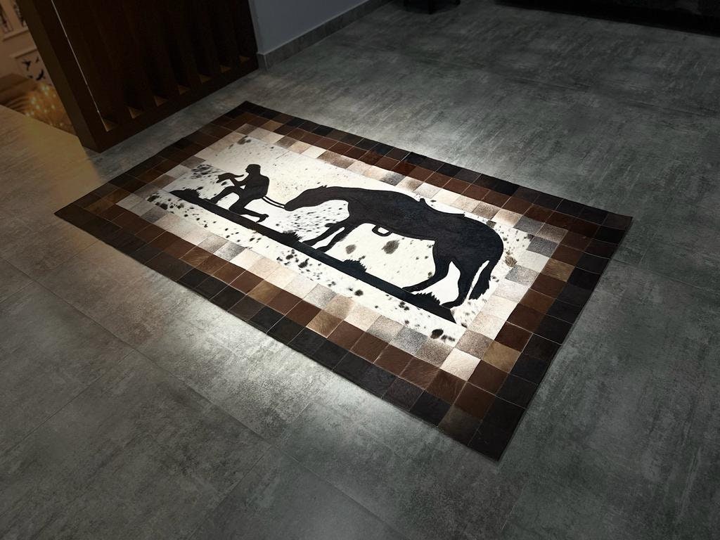 COWHIDE Cowboy and Horse designer cowhide patch rug beautiful Rug of Leather ( 7x4.33=30.30 Sq Feet (84x52 Inches)(212x133 CM)