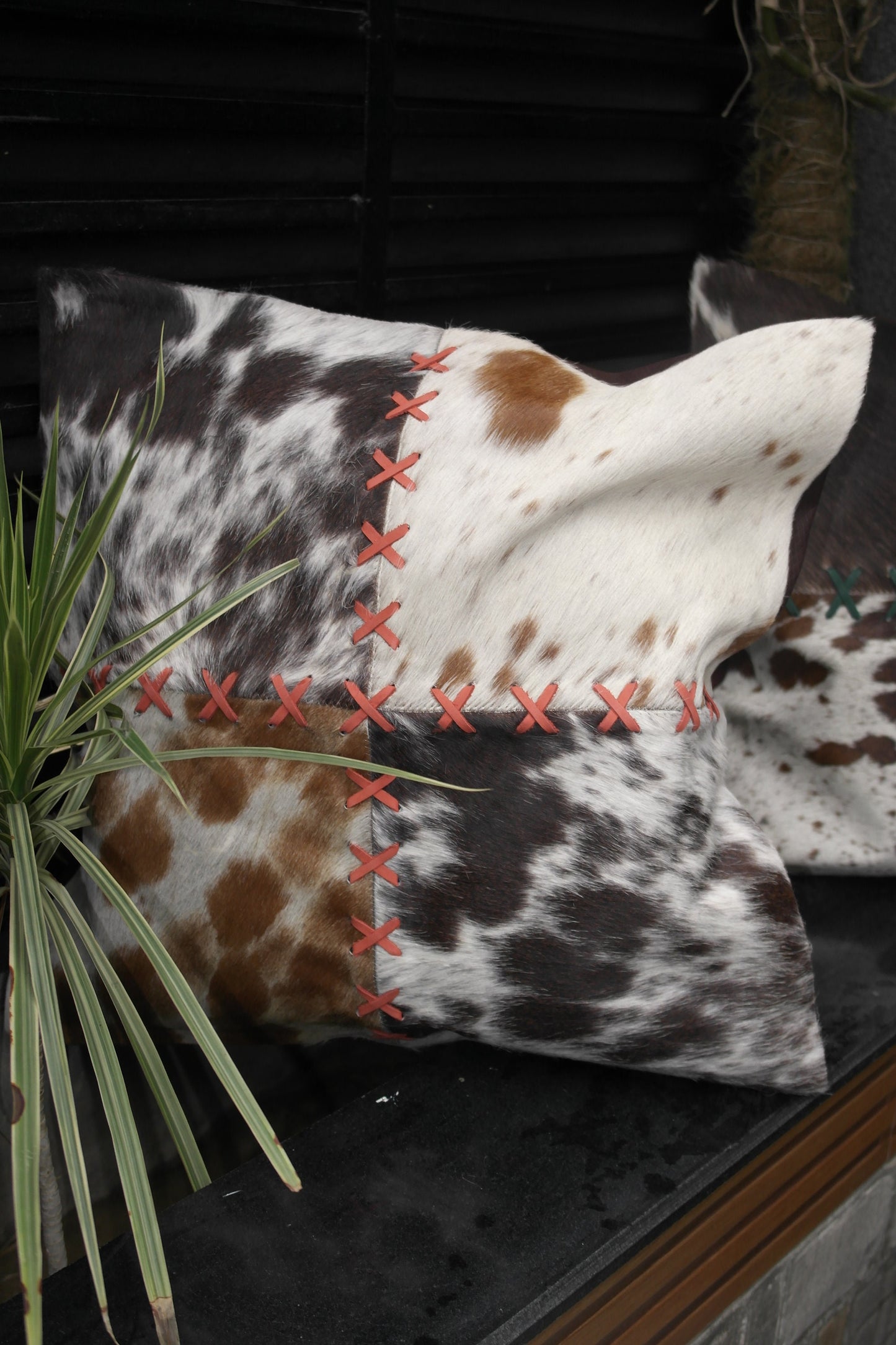 Rustic Charm: Cowhide Cushion Covers for a Cozy Home Décor, 6 Pcs set Cowhide Patchwork with cross stitching beautifully crafted.