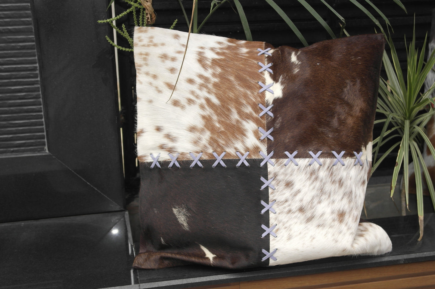 Rustic Charm: Cowhide Cushion Covers for a Cozy Home Décor, 6 Pcs set Cowhide Patchwork with cross stitching beautifully crafted.