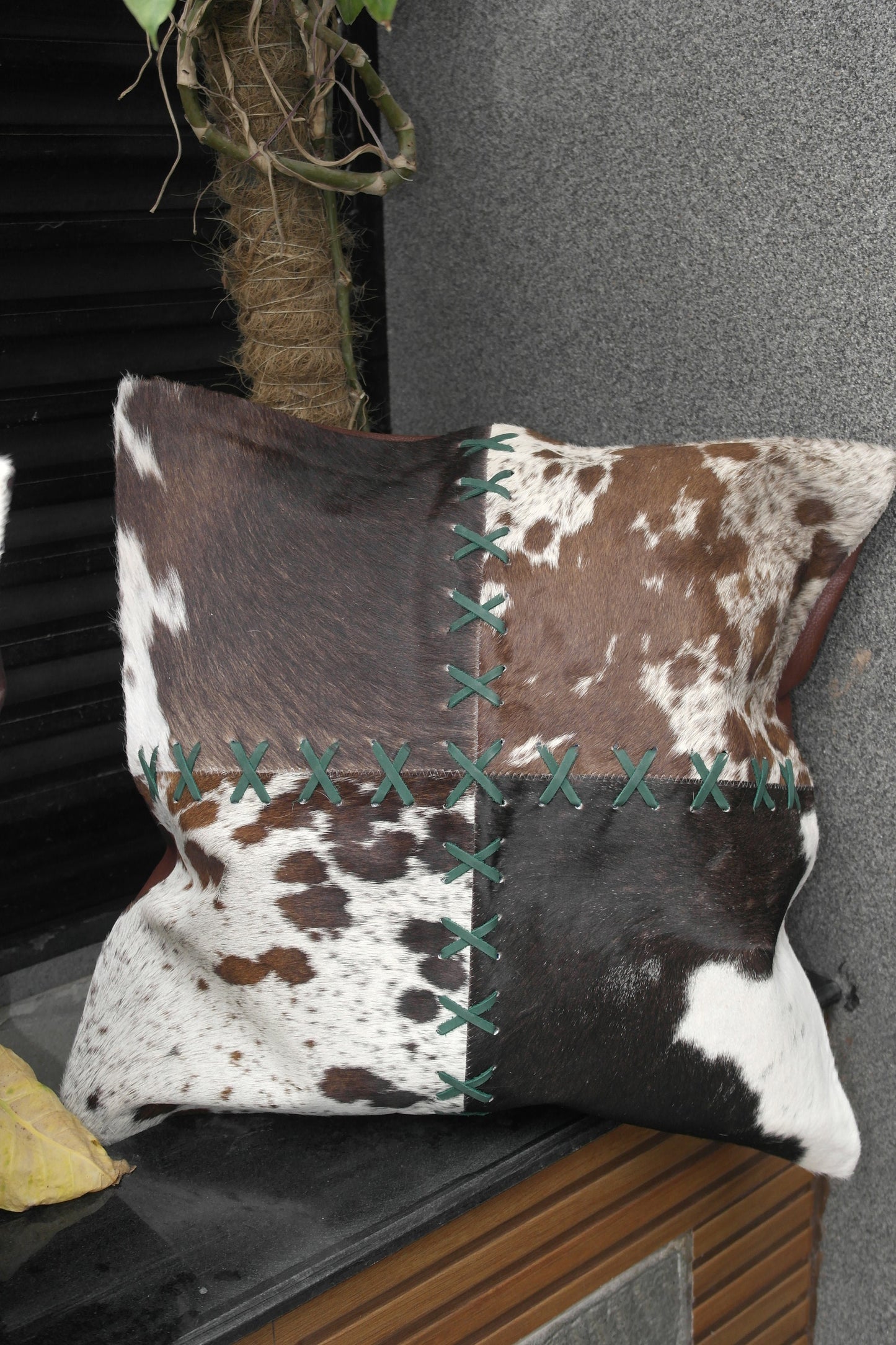 Rustic Charm: Cowhide Cushion Covers for a Cozy Home Décor, 6 Pcs set Cowhide Patchwork with cross stitching beautifully crafted.