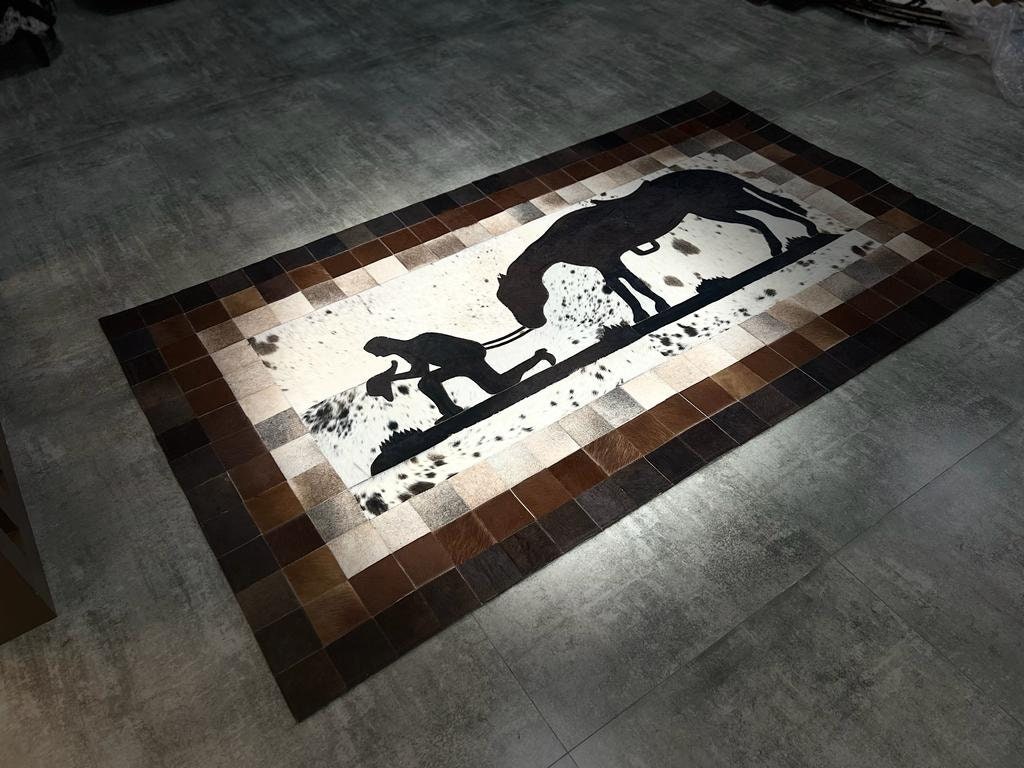 COWHIDE Cowboy and Horse designer cowhide patch rug beautiful Rug of Leather ( 7x4.33=30.30 Sq Feet (84x52 Inches)(212x133 CM)