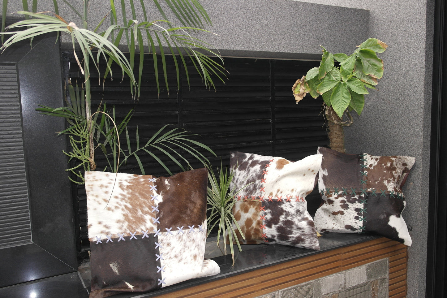 Rustic Charm: Cowhide Cushion Covers for a Cozy Home Décor, 6 Pcs set Cowhide Patchwork with cross stitching beautifully crafted.