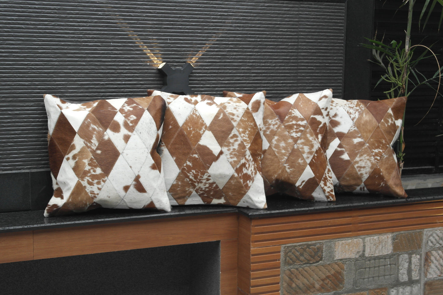 Rustic Charm: Cowhide Cushion Covers for a Cozy Home Décor, 4 Pcs set Cowhide Patchwork with cross stitching beautifully crafted.