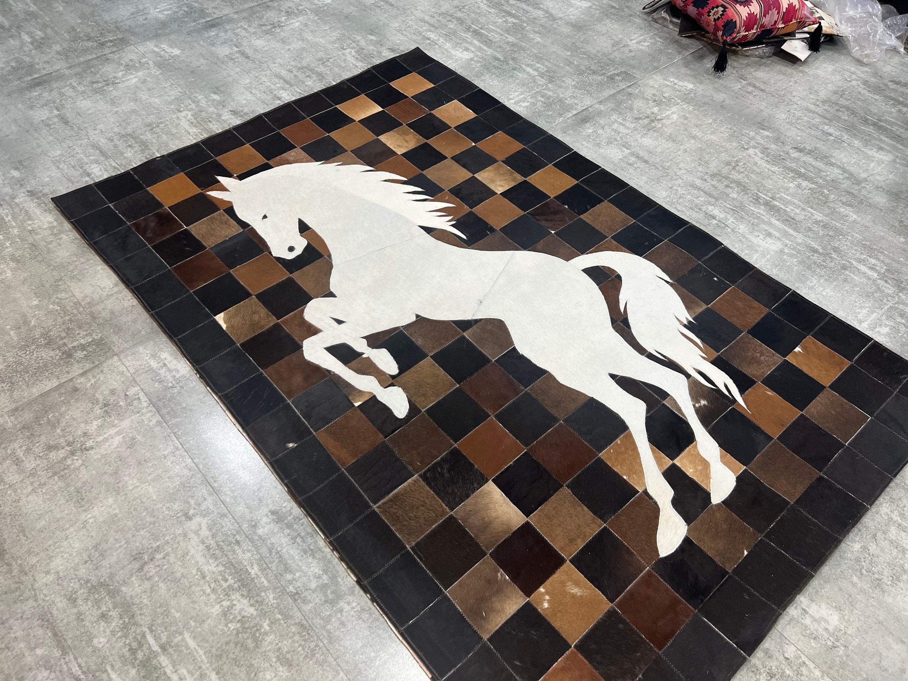 Rustic and Durable Cowhide Patch Rugs with Horse COWHIDE Animal Skin Area Rug